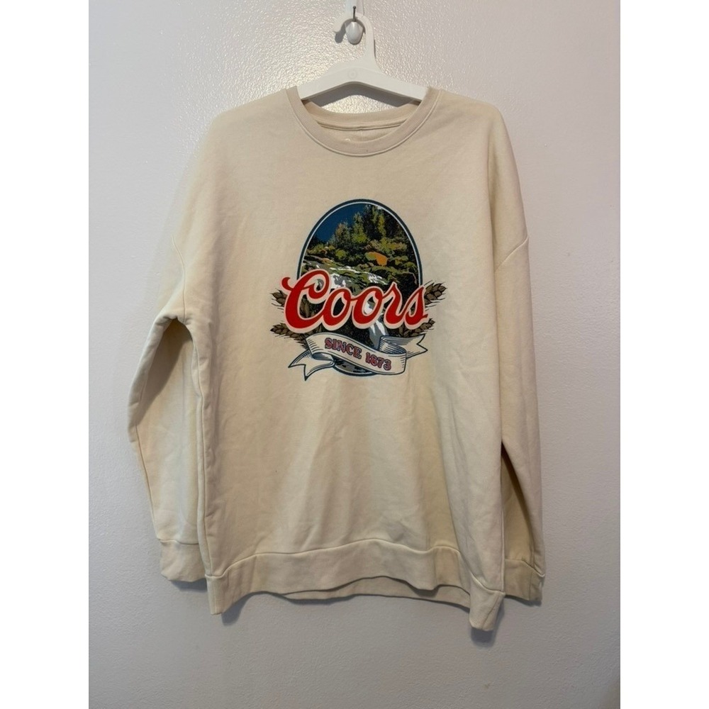 Coors Banquet Beer Graphic Sweatshirt Mens Cream Vintage Style Hybrid Apparel